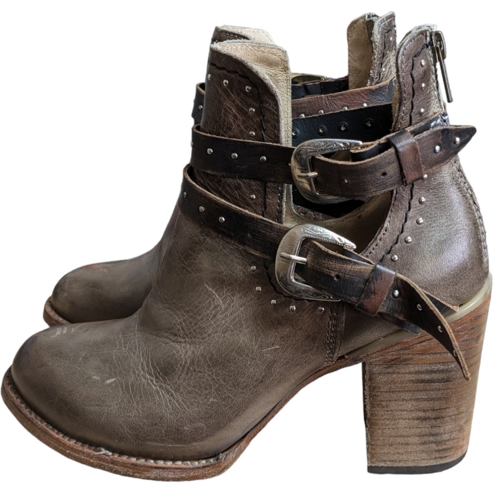 Freebird Lion Rainbow Booties 9 Taupe Brown Leather Strappy Studded Stack Heel - Picture 5 of 15